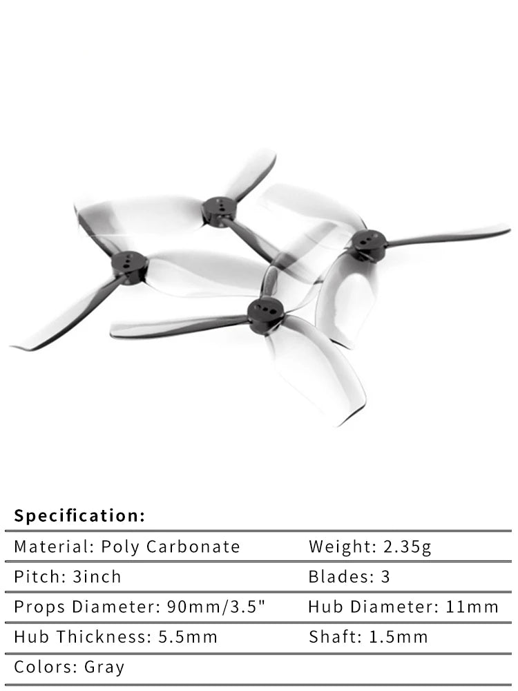 HQProp D-T90MM 3-Blade Propeller - 2 PAIRS GRAY / CN