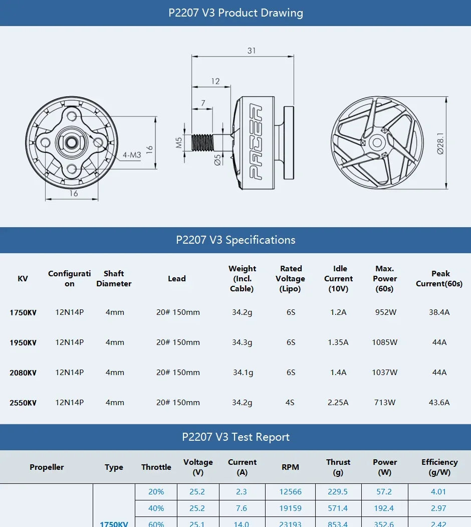 T-MOTOR Pacer P2207 V3 2207 Brushless Motor - 1750KV